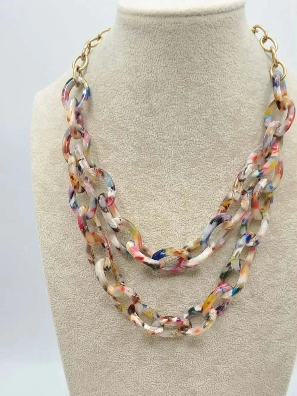 J Crew Multi Color Resin Double Strand Gold Tone Necklace
